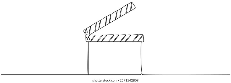 Clapper board continuous one line drawing. Movie scene episode production concept. Vector illustration isolated on white.