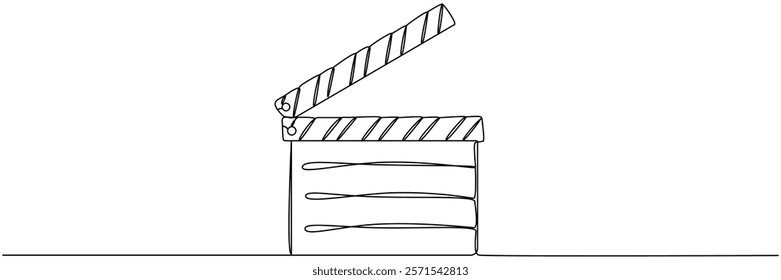 Clapper board continuous one line drawing. Movie scene episode production concept. Vector illustration isolated on white.