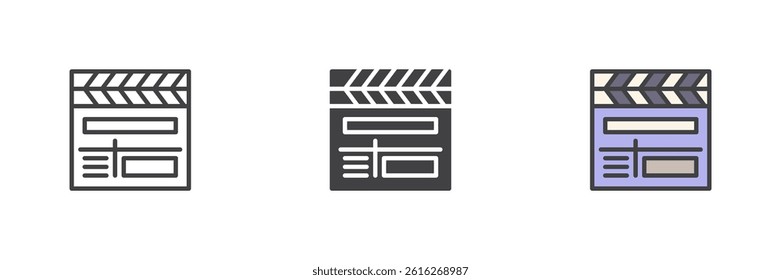 Clapper board different style icon set. Line, glyph and filled outline colorful version, outline and filled vector sign. Symbol, logo illustration. Vector graphics