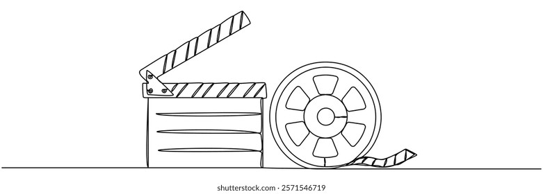 Clapper board and film reel continuous one line drawing. Filmstrip linear element. Movie scene episode production concept. Vector illustration isolated on white.