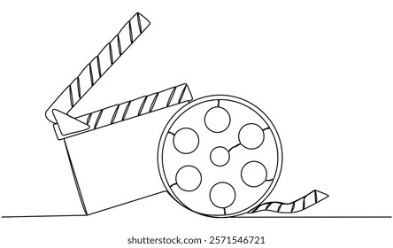 Clapper board and film reel continuous one line drawing. Filmstrip linear element. Movie scene episode production concept. Vector illustration isolated on white.