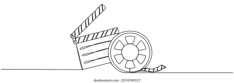 Clapper board and film reel continuous one line drawing. Filmstrip linear element. Movie scene episode production concept. Vector illustration isolated on white.