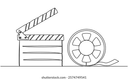 Clapper board and film reel continuous one line drawing. Filmstrip linear element. Movie scene episode production concept. Vector illustration isolated on white.