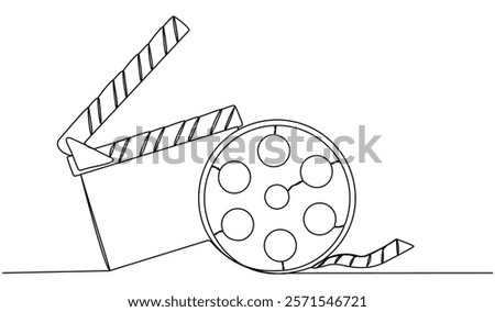 Clapper board and film reel continuous one line drawing. Filmstrip linear element. Movie scene episode production concept. Vector illustration isolated on white.