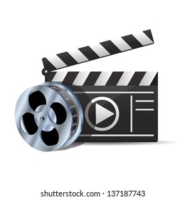 Clapper board and film reel - icon isolated on white background. Vector