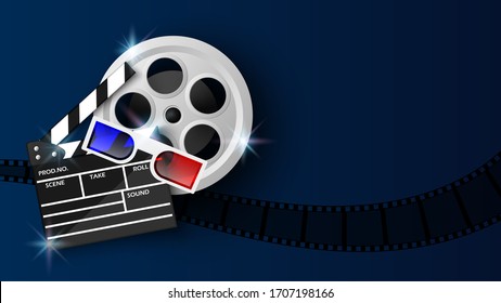 Placa de cierre y carrete de película sobre fondo azul, concepto de fondo cinematográfico, ilustración vectorial