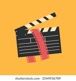 Clapper board, film slate with filmstrip in it. Filmmaking equipment emblem. Cinema symbol. Vector illustration