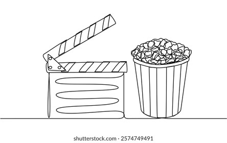 Clapper board and glass of popcorn continuous one line drawing. Movie scene episode production concept. Vector illustration isolated on white.