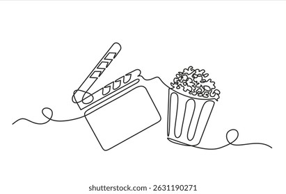 Clapper board and glass of popcorn continuous one line drawing. Movie scene episode production concept. Vector illustration isolated on white. Editable stroke.