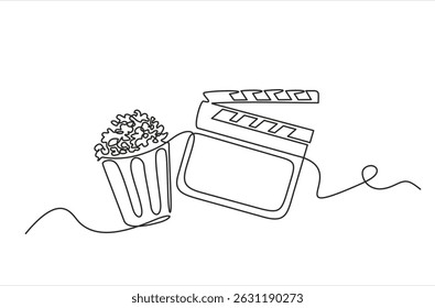 Placa de grampo e vidro de pipoca contínua um desenho de linha. Conceito de produção de episódios de cenas de filmes. Ilustração vetorial isolada em branco. Traçado editável.