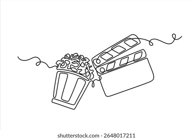 Placa de grampo e vidro de pipoca contínua um desenho de linha. Conceito de produção de episódios de cenas de filmes. Vetor de uma linha desenhado à mão. Traçado editável