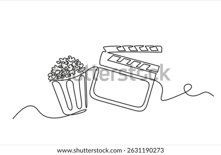 Clapper board and glass of popcorn continuous one line drawing. Movie scene episode production concept. Vector illustration isolated on white. Editable stroke.