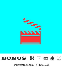 Clapper board icon flat. Red pictogram on blue background. Vector illustration symbol and bonus buttons Music center, corkscrew, credit card, house, drum