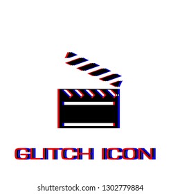 Clapper board icon flat. Simple pictogram - Glitch effect. Vector illustration symbol