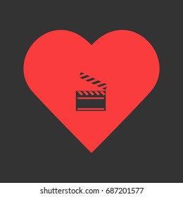 Clapper board icon flat. Simple pictogram on heart background. Vector illustration symbol