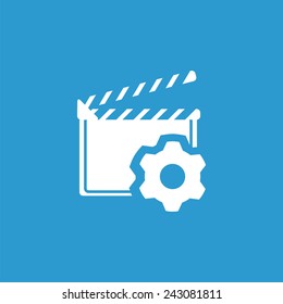 clapper board icon, isolated, white on the blue background. Exclusive Symbols 