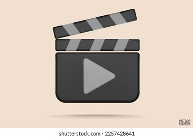 Clapper board icon. Media player icons. Video player icons. Film Clapper, Film clapperboard, video movie clapper equipment. 3D Vector Illustrations.