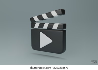 Clapper board icon. Media player icons. Video player icons.  Film clapperboard, video movie equipment. 3D Vector Illustrations.
