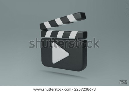 Clapper board icon. Media player icons. Video player icons.  Film clapperboard, video movie equipment. 3D Vector Illustrations.
