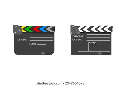 Clapper board icon set. Open and closed movie clapper. Flat style vaporboard icon, cinema device, video movie clapper equipment. Board clap for video clip scene start isolated on white background.