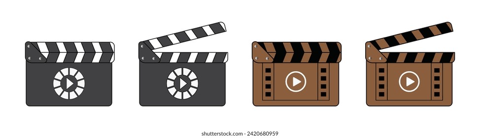 Clapper board icon set with play button in black and brown color. Movie clapper board vector image. Roll camera action opened and closed movie clapper film clap board - Vector Icon