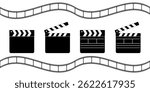 Clapper board icons and wavy film strips isolated on white background. Closed and open movie clapboard silhouettes. Camera and action concept. Cinema production objects. Vector graphic illustration.