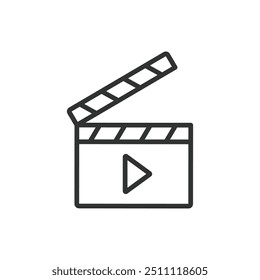 Clapper Board, in line design. Film clapper, movie slate, director's clapboard, film production, movie production, clapper on white background vector. Clapper Board editable stroke icon