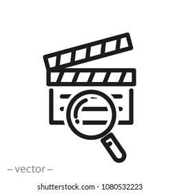 clapper board with a magnifier, line icon - vector illustration eps10