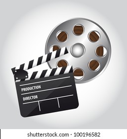 clapper board and movie film over gray background. vector