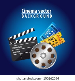 clapper board with movie film and tickets over blue background. vector