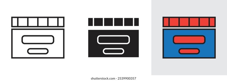 Clapper board movie icon vector used for film production, digital web and entertainment.