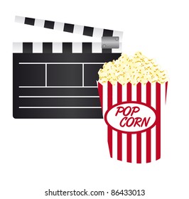 clapper board and pop corn isolated over white background. vector