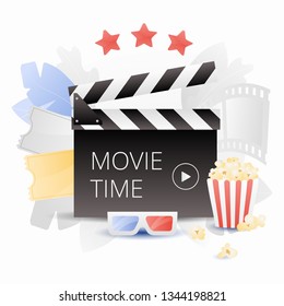 Clapper board and popcorn in striped bucket. Cinema entertainment concept. Vector illustration in modern flat gradient style.
