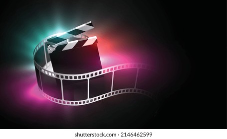 clapper board with realistic film strip background