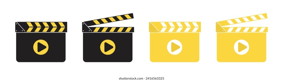 Clapper board set with play symbol in black and yellow color on white background. Movie clapper board vector image. Roll camera action opened and closed movie clapper film clap board - Vector Icon