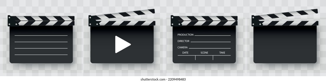 Juego de tablero de cobre. El tablero de los apantalladores de películas negros realistas. Los tablones de anuncios se abren y cierran. Cartel del director. Ilustración vectorial realista. Película. Dispositivo cinemático. Plantilla de diseño de bloques de película