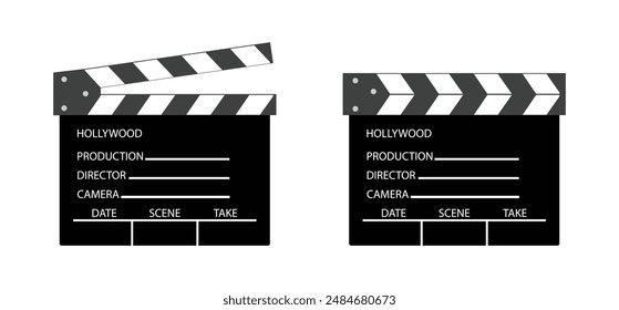 Clapper board vector icon set. Opened and closed movie clapper film clap board. Set of clapping board black and white color.