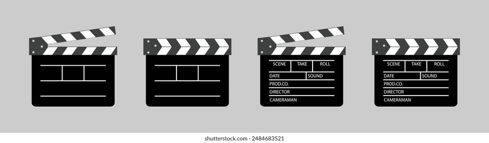 Clapper board vector icon set. Opened and closed movie clapper film clap board. Movie, cinema, film symbol concept. Director clapboard. Filmmaking, video production industry equipment.