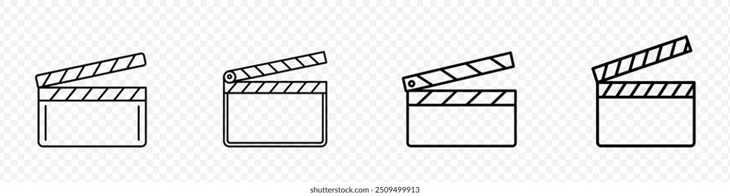 Conjunto de ícones de vetor da área de trabalho. Abrir ícone de vídeo clapboard, ícone de Clapper board modelo de logotipo de vetor, Conjunto de painéis de filme