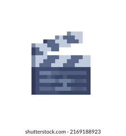 Clapper Board. Video icon cinema sign. Pixel art flat icon. Gallery of films. Movie  logo. Design for websites and mobile apps. . Isolated vector illustration.  