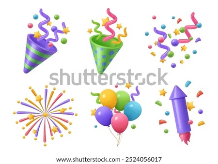 Clapper and confetti, popper for celebration or party events. Vector isolated set of 3d icons, burst of ribbons, surprise congratulation, serpentine decoration for posters or invitations