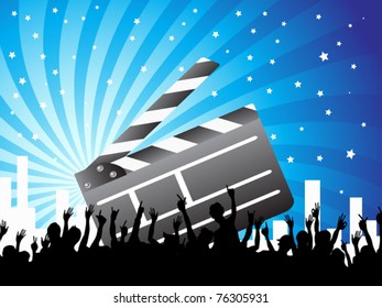 a clapper and crowds on the blue ray background