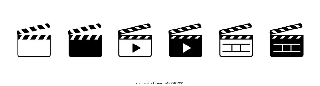 Icono de Clapper. Signo de tablero de aplausos. Conjunto de Vector de película. Símbolo de Clip de portapapeles.