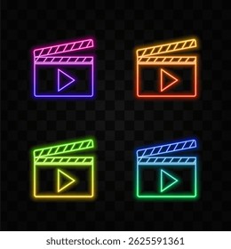 Clapper icon filming device film clapper equipment. neon style..