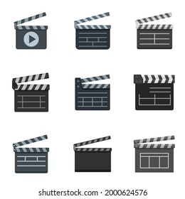 Clapper icons set. Flat set of clapper vector icons isolated on white background