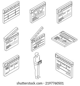 Clapper icons set. Isometric set of clapper vector icons outline thin lne isolated on white