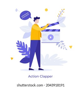 Clapper Loader Using Clapperboard. Concept Of Action, Filmmaking, Movie Making Or Video Production Start, Entertainment Project Launch. Modern Flat Colorful Vector Illustration For Banner, Poster.