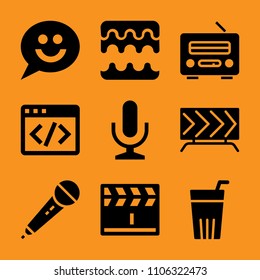 clapper, network, equalizer, screen, view and blank icon vector set. Flat vector design with filled icons. Designed for web and software interfaces