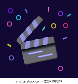 Clapperboard 3d. Cinematography Clapper Board Start Icon, Filming New Movie, Series, Game. Watch Festive Opening Scene, Video. Shooting An Entertainment Program, TV With Confetti. Vector Illustration.