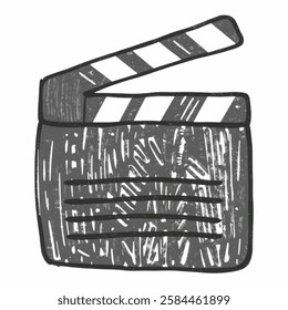 Clapperboard in Black designed as vector crayon handdrawn Illustration cartoon, art element on white background.